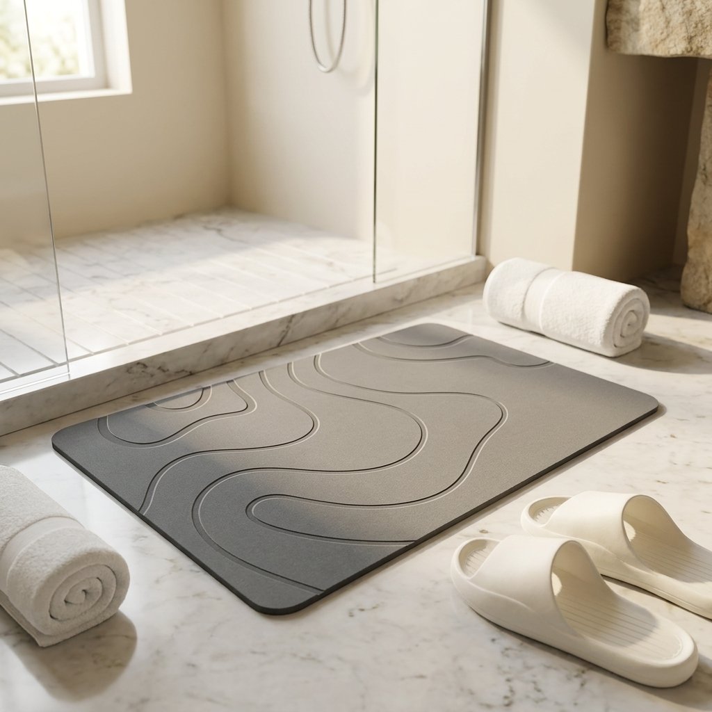 Livora stone bath mat styled in a spa bathroom